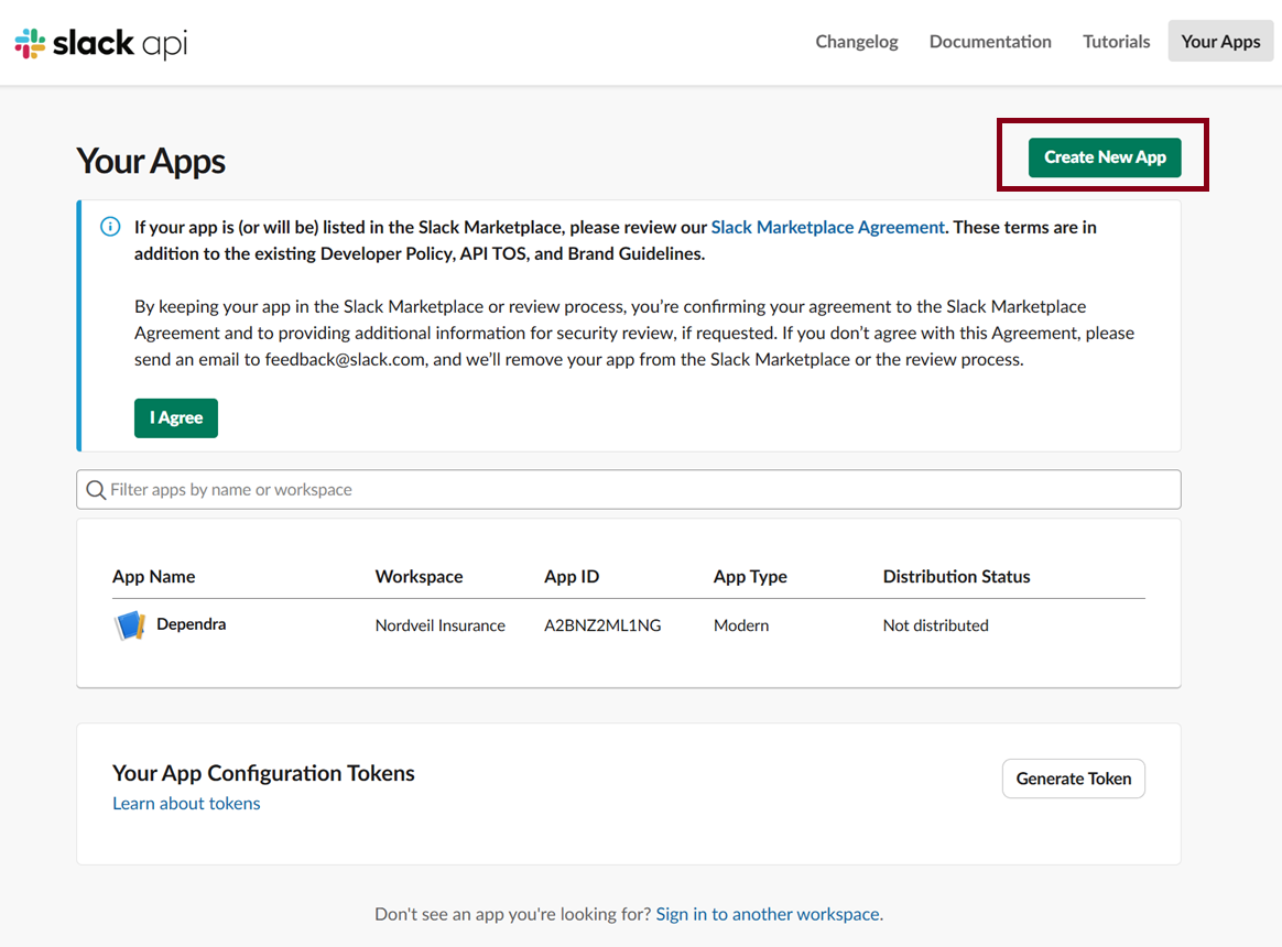 Slack API — Your Apps page with the Create New App button highlighted