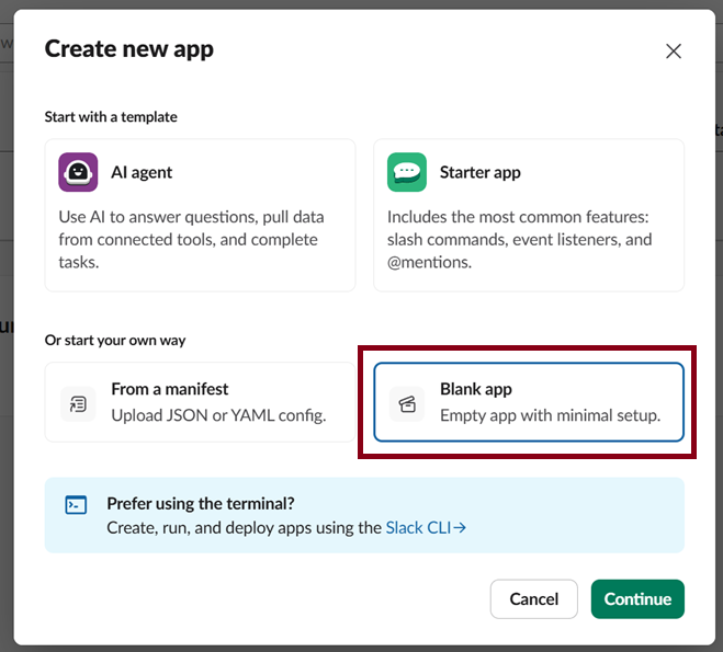 Create new app dialog — select Blank app