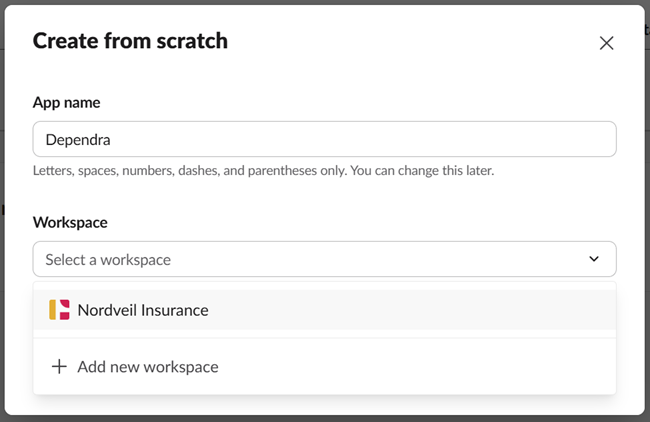 Create from scratch — name the app and select workspace