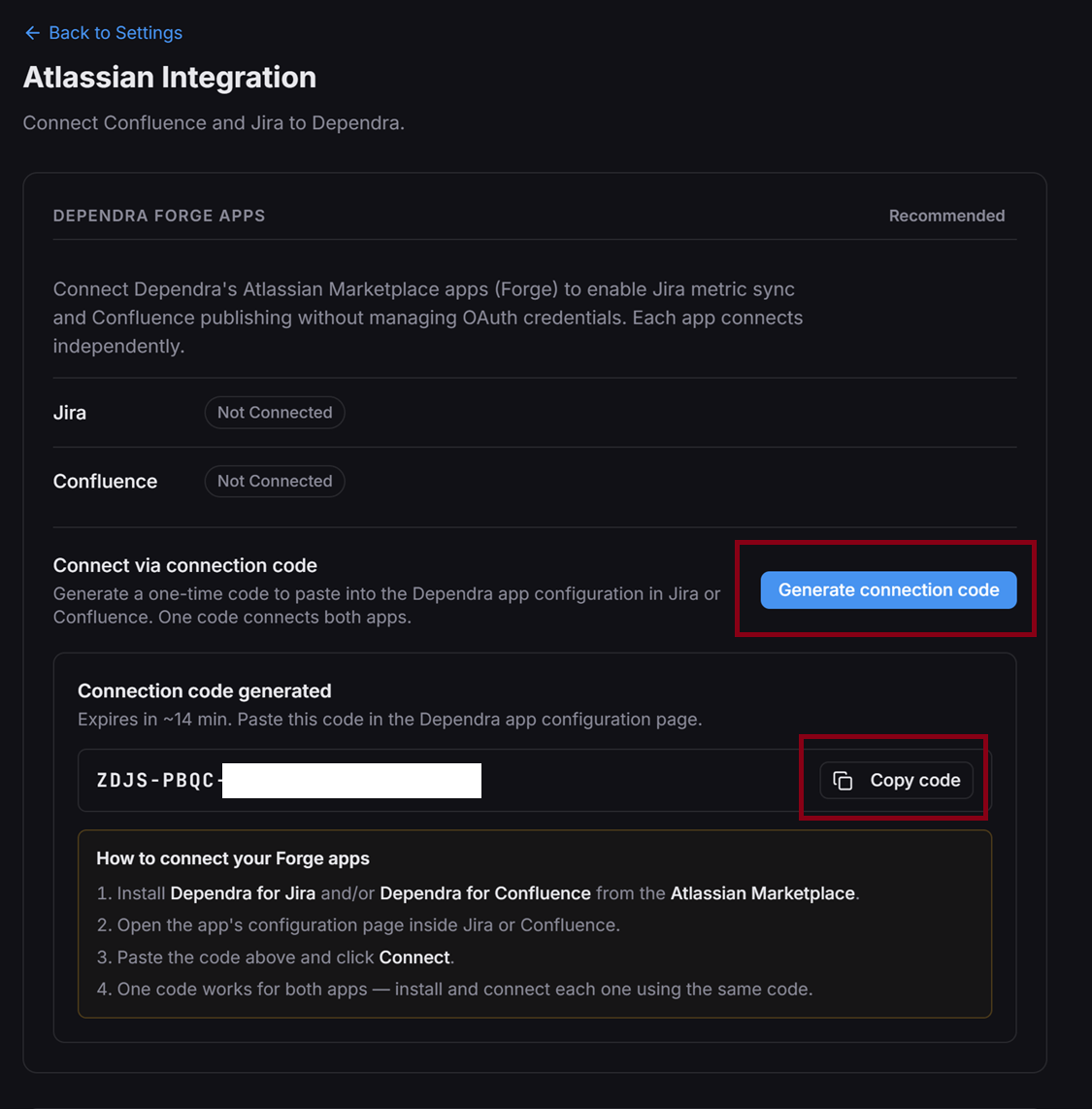 Atlassian Integration page — Generate connection code and Copy code