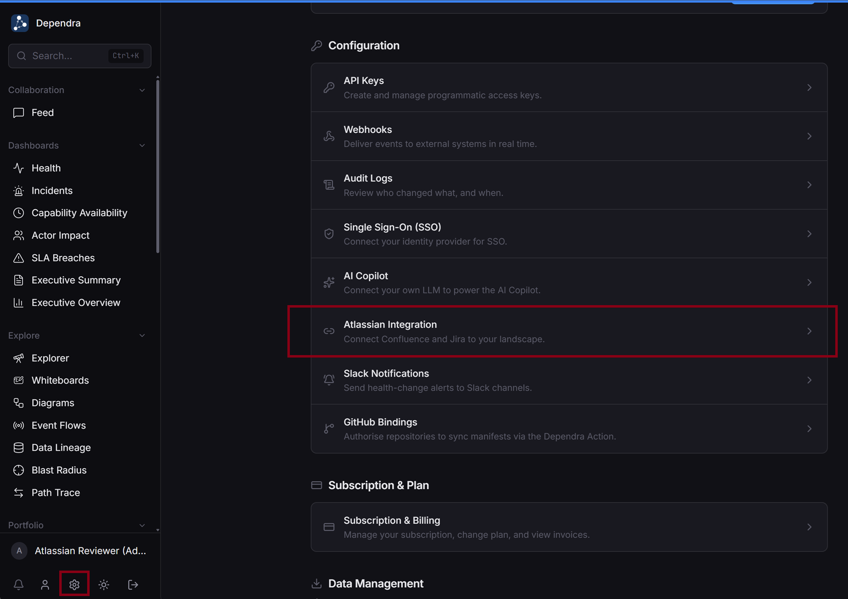 Dependra organisation settings — Atlassian Integration under Configuration