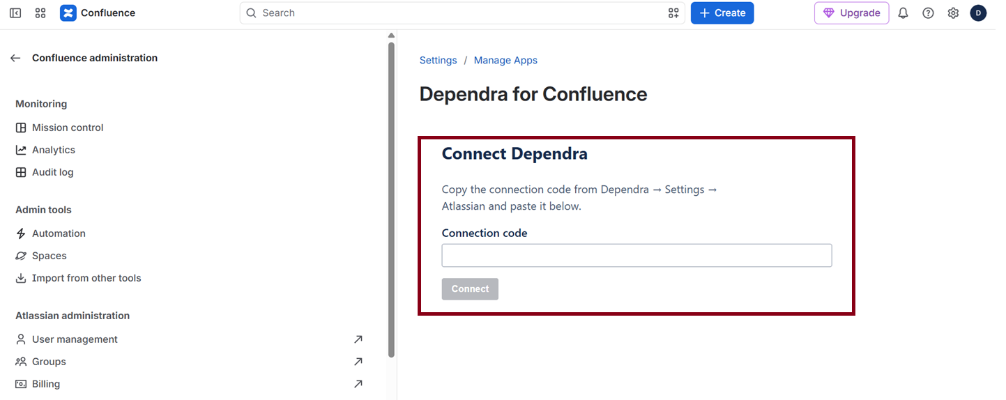 Dependra for Confluence configuration page — Connect Dependra, with the connection code field