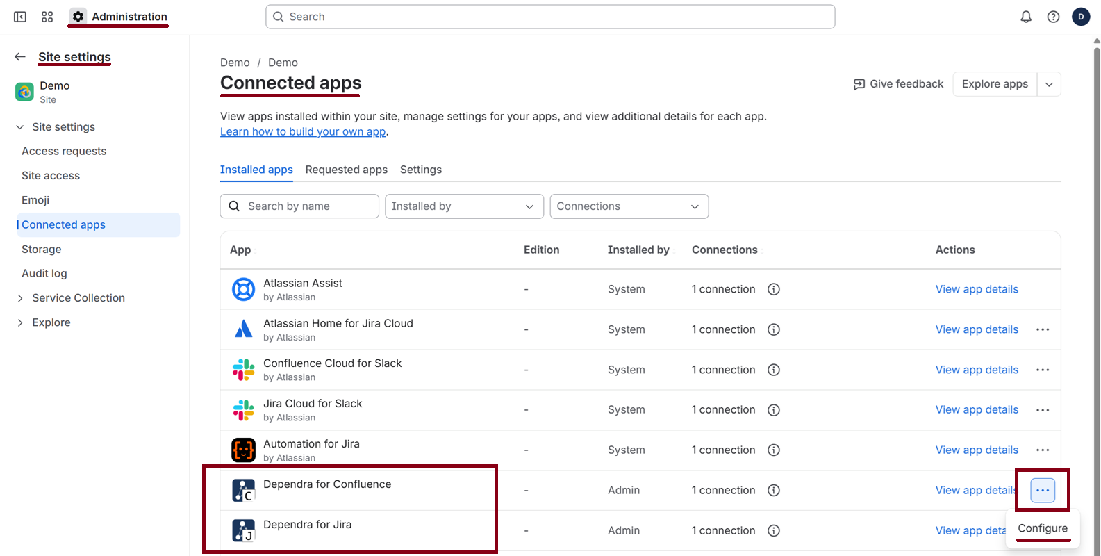 Atlassian Connected apps — the Dependra apps listed, with the row menu open on Configure