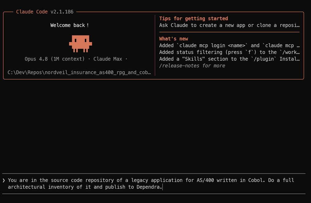 A coding agent taking inventory of a repository and pushing components, dependencies and datasets into Dependra