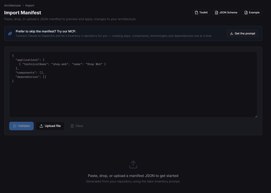 Dependra manifest import: preview the diff of a YAML manifest before selectively applying it